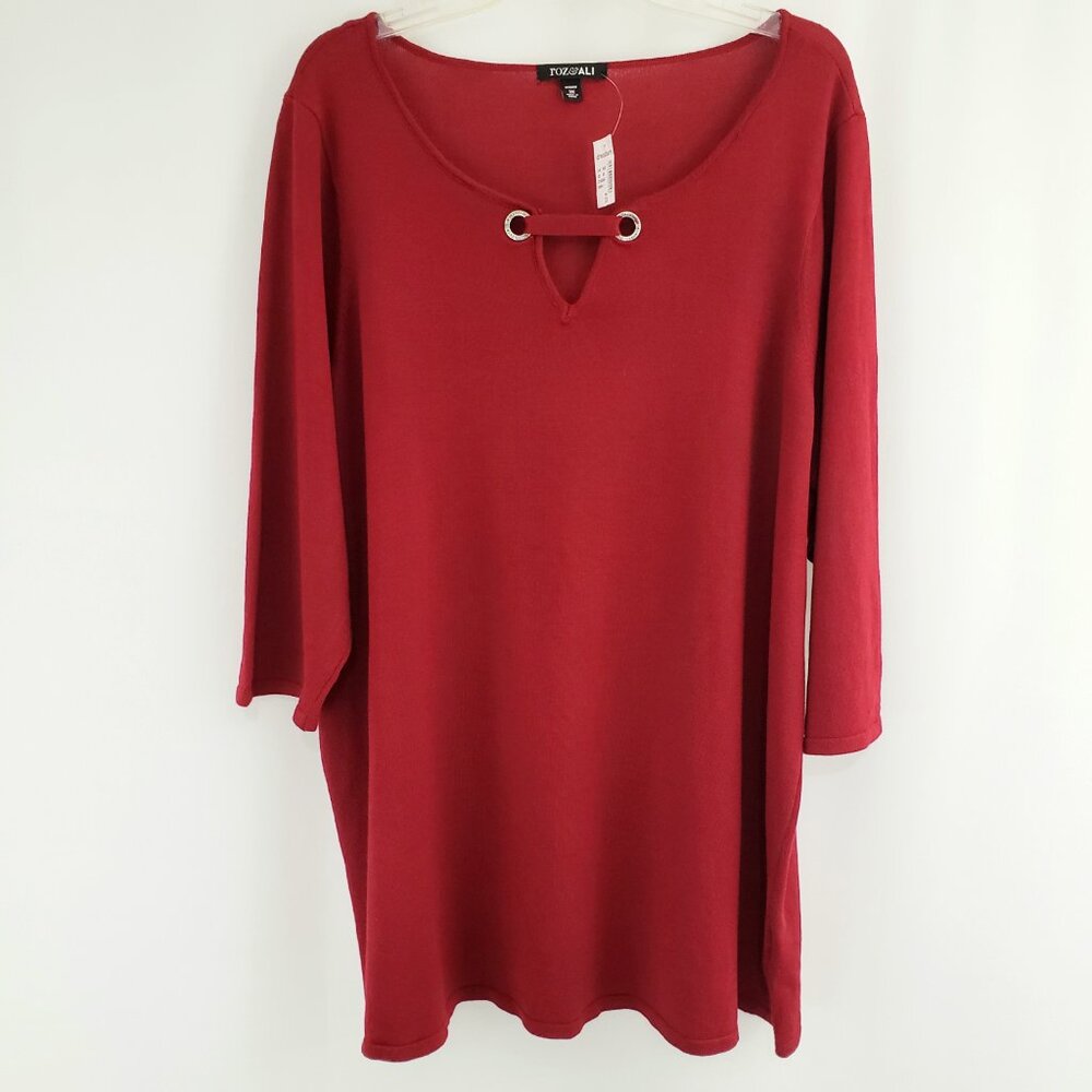 Roz & Ali Knit Top Size 3X Red Maroon Tunic Length V-Neck Grommet 3/4-Sleeve